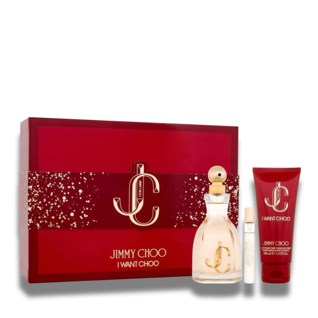 Jimmy Choo I Want Choo Eau de Parfum gift set with perfume bottle, travel spray and body lotion beside the red gift box.
