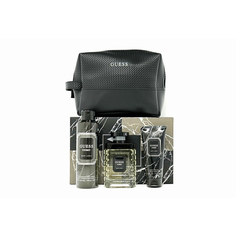 Guess Uomo gift set with Eau de Toilette, Uomo body spray, shower gel and pouch.